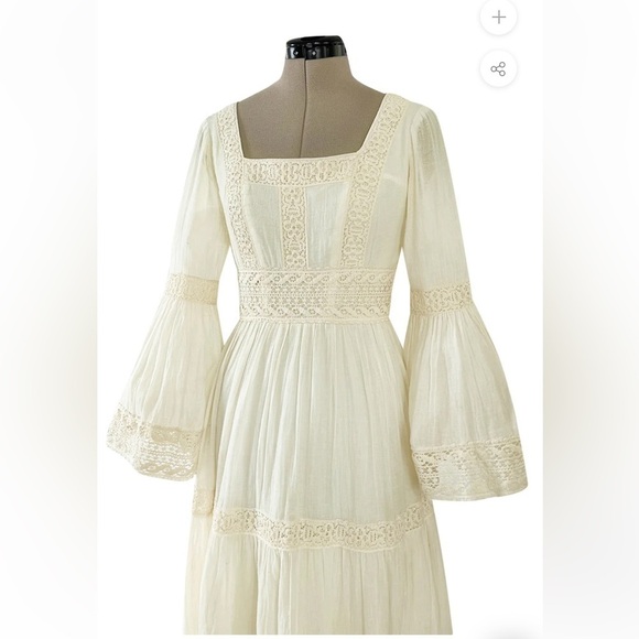 Victor Costa Mexican Wedding Dress Ivory Cotton Gauze & Lace Dress Romantic 1970 - Picture 7 of 16